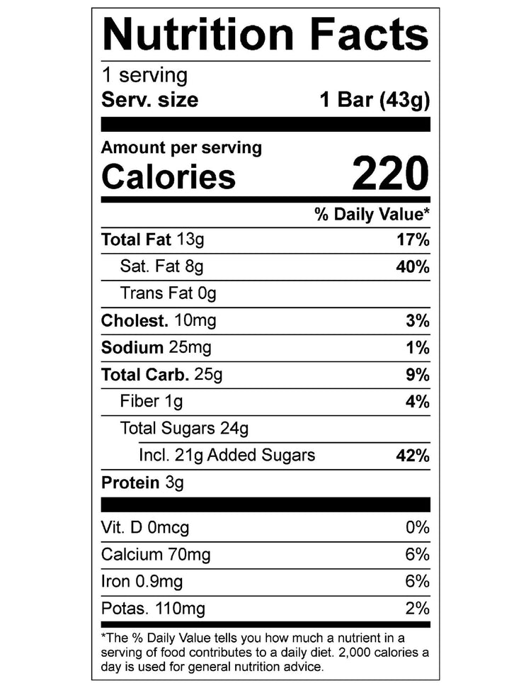 Nutrition Facts panel for 1 bar (43g): 220 calories, total fat 13g