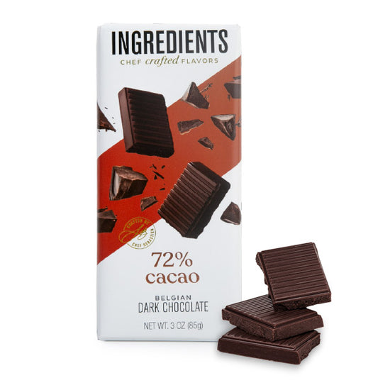 Ingredients 72% Cacao Belgian Dark Chocolate 3oz Bar