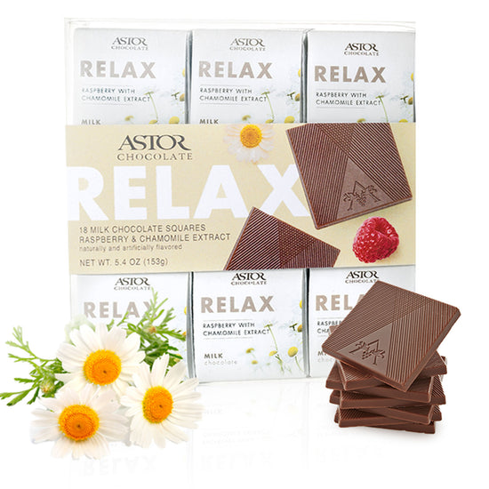 Relax – Raspberry Chamomile Creamy Milk Chocolate 18pc Squares