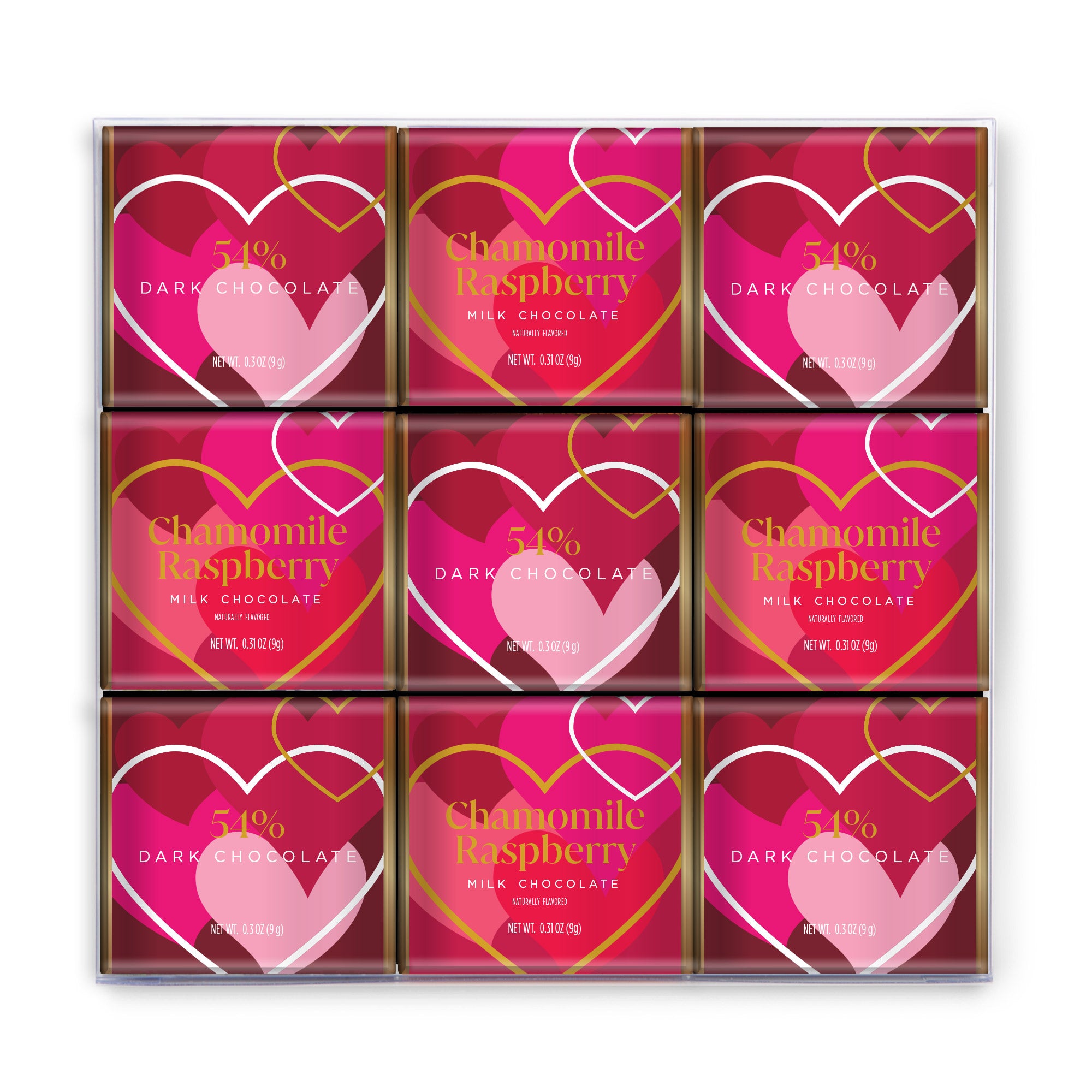18pc Assorted Chamomile Raspberry Milk Chocolate & 54% Dark
