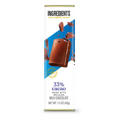 Ingredients 33% Cacao Belgian Milk Chocolate 1.5oz Bar