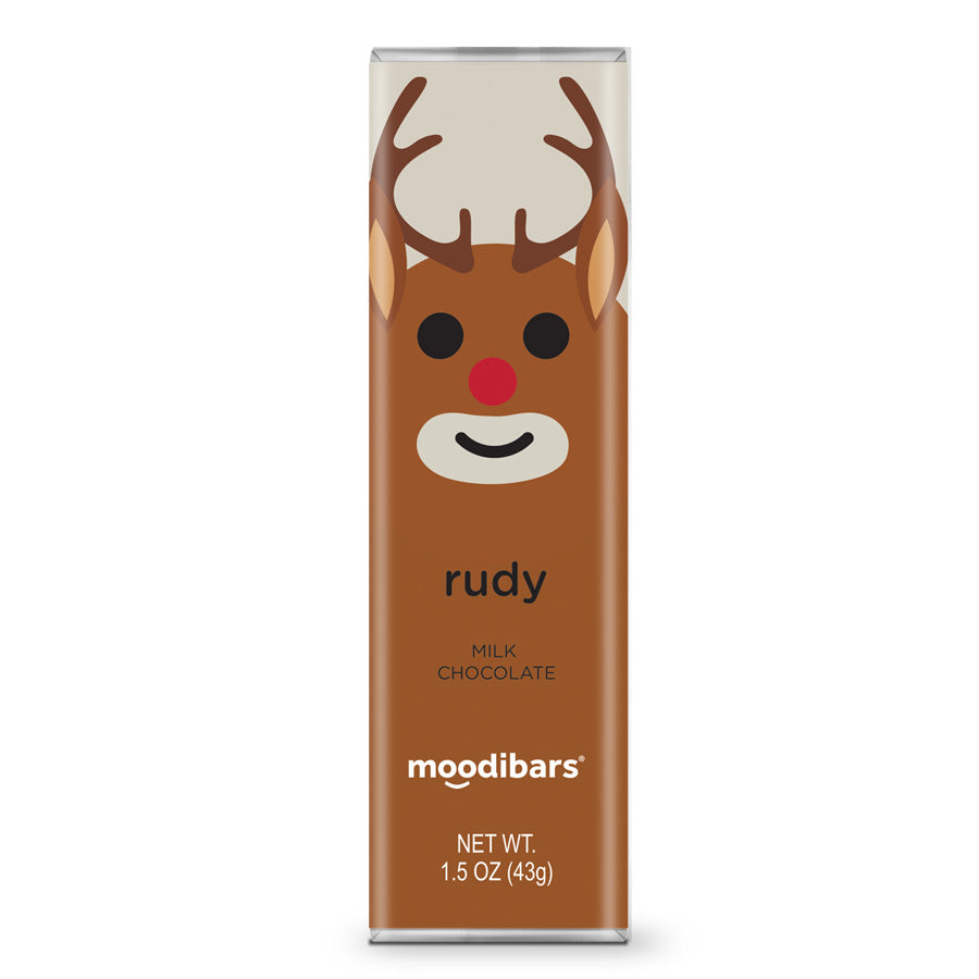 Milk chocolate bar package with reindeer face, “rudy,” and net wt 1.5 oz