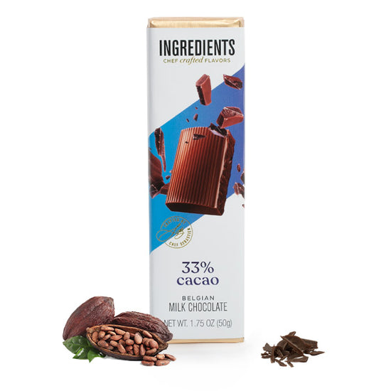 Ingredients 33% Cacao Belgian Milk Chocolate 1.75 oz Bar