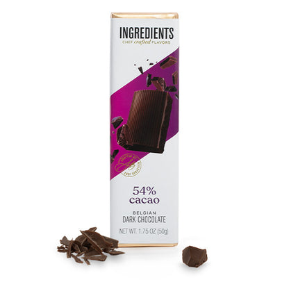 Ingredients 54% Cacao Belgian Dark Chocolate 1.5 oz Bar