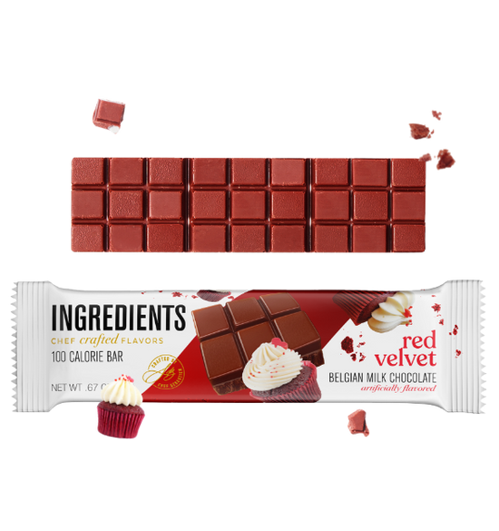 Ingredients Red Velvet Belgian Milk Chocolate 100 Calorie Bar - 24 Case Pack