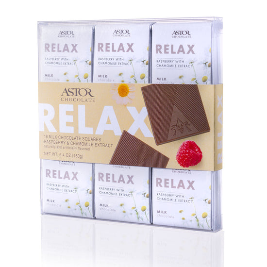 Relax – Raspberry Chamomile Creamy Milk Chocolate 18pc Squares